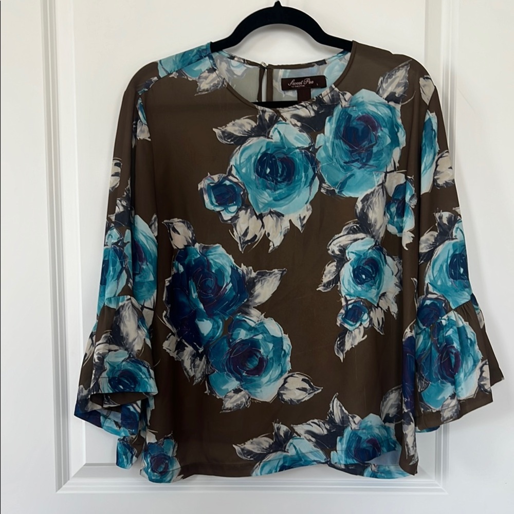 Anne Klein Olive Floral Blouse with Teal Blue Roses